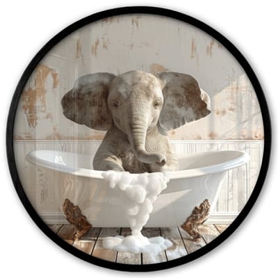 Poster in lijst Rond - Fotolijst 40x40 cm - Posters - Vintage - Olifant - Badkuip - Schuim - Wilde dieren - Ronde posterlijst zwart - Decoratie - Wanddecoratie woonkamer - Muurdecoratie slaapkamer
