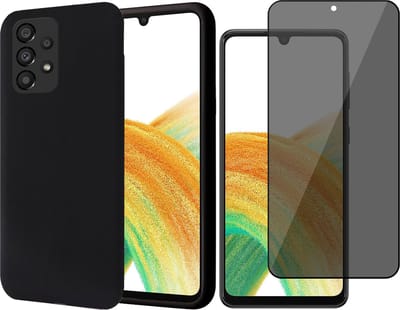 Hoesje geschikt voor Samsung Galaxy A33 - Matte Back Cover Microvezel Siliconen Case Hoes Zwart - Tempered Glass Privacy Screenprotector