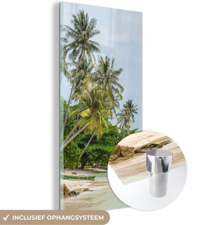 MuchoWow® Glasschilderij 20x40 cm - Schilderij acrylglas - Palmbomen - Strand - Zomer - Tropisch - Foto op glas - Schilderijen