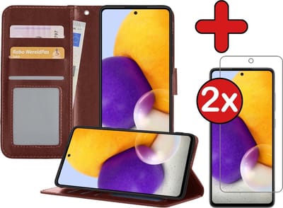 Hoesje - Met 2x Screenprotector - Geschikt voor Samsung Galaxy A72 5G - Luxe Pasjeshouder - Flip Case - Bookcase Portemonee - Kunstleer Book Case - Flipcase Hoes - Book Cover - Walletcase - Portemonneehoes - Telefoonhoes - Bruin