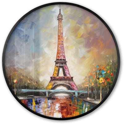 Poster in lijst Rond - Fotolijst 60x60 cm - Posters - Eiffeltoren - Schilderij - Olieverf - Parijs - Ronde posterlijst zwart - Decoratie - Wanddecoratie woonkamer - Muurdecoratie slaapkamer