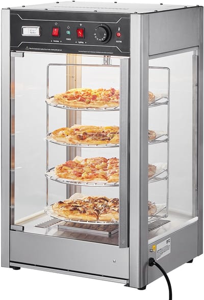 Commerciële voedselverwarmer voor pizza's van 14 inch, 4-traps verwarmer met roterende stoomverwarming, temperatuurregeling van 30 °C tot 85 °C, 25 W-lamp en LED-lampje bovenop voor pizzeria's