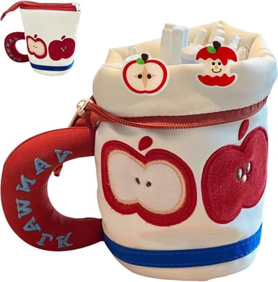 Verticale Pennenzak voor Meisjes - Rood Appel Ontwerp met Memo Clip, Grote Rits, Perfect voor School, Kantoor en Cadeaus