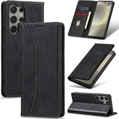 Zwart kunstleer wallet case telefoon hoesje geschikt voor Samsung Galaxy S25 Ultra dames en heren met magneetsluiting en flip cover