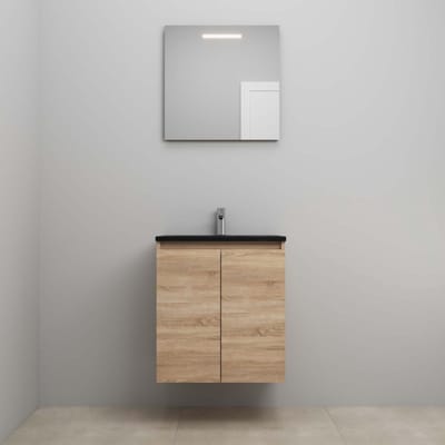On-Line Badkamermeubelset - 60 cm - Bouwpakket - Greeploze Ladestructuur - Acryl Wastafel - 1 Kraangat - Spiegel met LED-Verlichting - Eiken