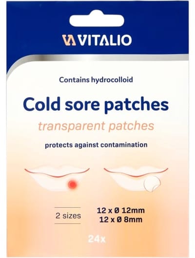 Vitalio Cold Sore Patches – Koortslip Pleister - 24 stuks - 2 maten (12×12 & 12×8 mm) - Hydrocolloid wondpleisters tegen koortslippen - Transparant, discrete bescherming