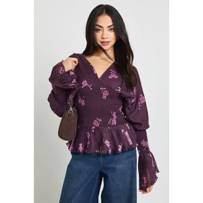 boohoo Dames Bloemen Chiffon Gerimpelde Blouse | Fig | Maat: 6