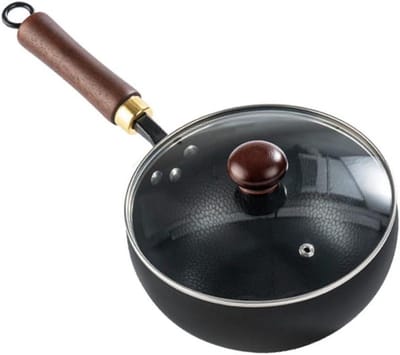 Koolstofstalen wokpan - Roerbakpan met deksel - Gezond koken - Afneembaar houten handvat - 26 cm diameter - Zwart