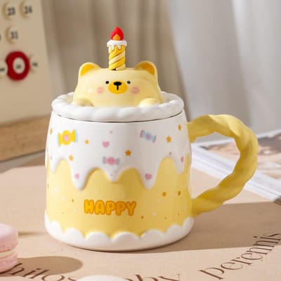 Tasse Mignonne Gâteau d'Anniversaire avec Couvercle Cuillère Tasse à Café en Céramique Animal de Dessin Animé Aspect Haut de Gamme Tasse à Eau de Bureau 450ml