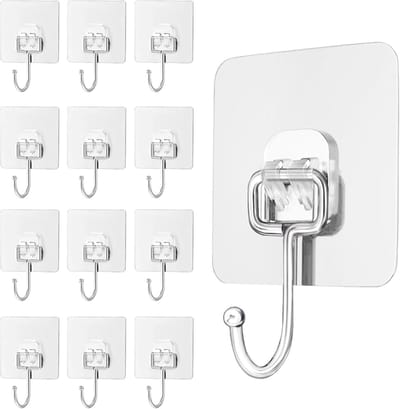 Zelfklevende haken - 12 stuks - Zwaar - Maximale belasting 30 kg - Sterk klevende haken - Waterdicht en traceerbaar - Zelfklevende wandhaken - Geen spijkers nodig - Geschikt voor badkamer, keuken, kantoor en plafond - Transparant
