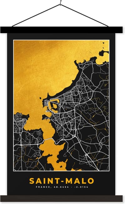 Posterhanger incl. Poster 40x60 cm - Schoolplaat - Stadskaart – Frankrijk – Kaart – Saint-Malo – Plattegrond - Textielposter - Zwarte latten - Stadskaart