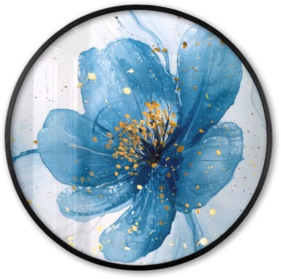 Poster in lijst Rond - Fotolijst 60x60 cm - Posters - Bloemen - Blauw - Goud - Watercolor - Modern - Ronde posterlijst zwart - Decoratie - Wanddecoratie woonkamer - Muurdecoratie slaapkamer