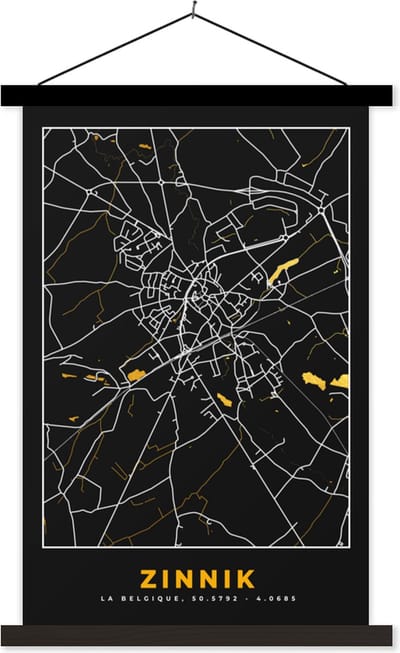 Posterhanger incl. Poster 40x60 cm - Schoolplaat - Zinnik - Goud - Stadskaart - Kaart - Plattegrond - Textielposter - Zwarte latten - Stadskaart