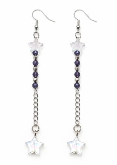 Lange oorhangers oorbellen met sterren en kristal kraaltjes ab kleur en paars - 10 cm