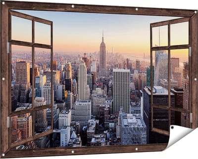 Gards Tuinposter Doorkijk New York Skyline met Wolkenkrabbers - 150x100 cm - Tuindoek - Tuindecoratie - Wanddecoratie buiten - Tuinschilderij