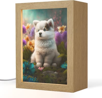 Nachtlampje 15x20 cm - Kinder lampje - Puppy - Bloemen - Planten - Natuur - Husky - Tafellamp kinderkamer - Slaapkamer lamp - Bedlamp kinderen - Kinderlampje stopcontact - Wandlamp babykamer - Nachtlampjes