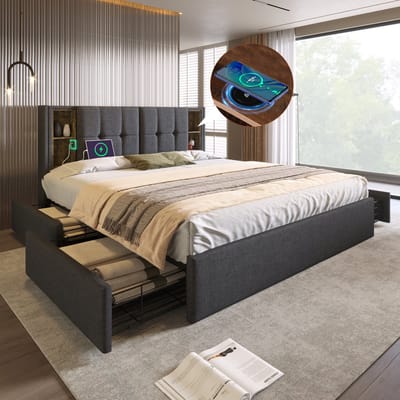 Wishdor – Tweepersoonsbed 160x200 cm – Draadloos Opladen & USB‑C – 4 Lades & Open Vakken – Modern Linnen Grijs