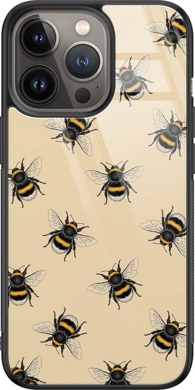 Hoesje geschikt voor iPhone 13 Pro Max - Bijen print - Luxe Glazen Hardcase - Hippe print - Geel - Leuke Telefoonhoesjes