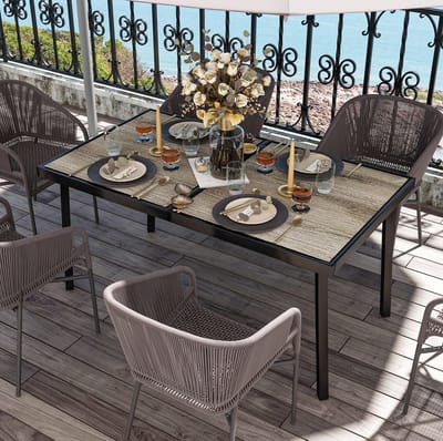 MIVRAY Tuintafel - Rechthoekige Eettafel Voor 6 Personen Met Houtlook Blad - Voor Tuin En Terras - Staal En Kunststof - 145x85x72 Cm - Grijs