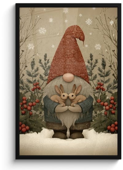 Poster in lijst - Fotolijst 60x90 cm - Posters - Kerstgnome - Konijntjes - Kleurrijk - Posterlijst zwart - Decoratie - Wanddecoratie woonkamer - Muurdecoratie slaapkamer - Kerstversiering - Kerstdecoratie voor binnen - Kerstmis