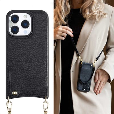 Selencia Hoesje - Geschikt voor Apple iPhone 16 Pro - Backcover met koord en pashouder - Zwart