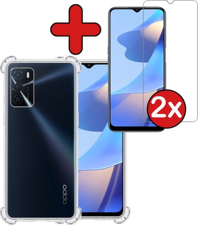 Hoesje - Met Screenprotector - 2 Stuks - Geschikt voor OPPO A16s - Sterk & Shockproof - Back Cover - Siliconen Case - Telefoon Hoes - Shock Proof - Telefoonhoes - Transparant