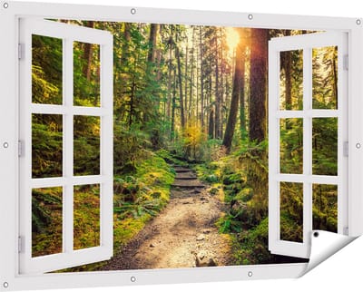 Gards Tuinposter Doorkijk Voetpad in het Bos - 150x100 cm - Tuindoek - Tuindecoratie - Wanddecoratie buiten - Tuinschilderij