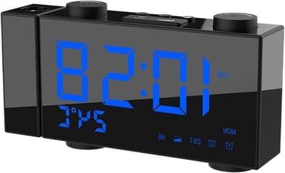 Projectie Klok - Wekker Radio - Tijd Weergeven - Instelbare Helderheid - 17 cm Breed - Blauw