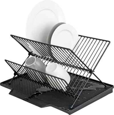 Afdruipmat Nelia met afdruiprek met schuin oppervlak voor een optimale waterafvoer, kunststof afdruipmat, metalen rek, (B × H × D): 34 × 24 × 40 cm, zwart