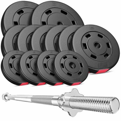 Hop-Sport Kunststof Halterset 69 kg – Halterset met Lange Halterstang – Ø 30 mm – 167 cm – Inclusief Halterschijven