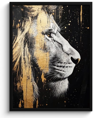 Poster in lijst - Fotolijst 50x70 cm - Posters - Portret - Leeuw - Abstract - Goud - Posterlijst zwart - Decoratie - Wanddecoratie woonkamer - Muurdecoratie slaapkamer