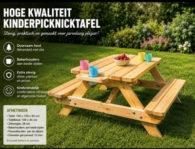 kinderpicknicktafel - Slim ontwerp met bekerhouders -inclusief 4 bekers - picknicktafel - tafel - tuintafel - zomer - parasol - kinderen