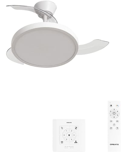 CREATE - Plafondventilator 40W stil met intrekbare bladen met licht - Ø91cm - Wit - Controller voor wandmontage + afstandsbediening - WIND CLEAR STUDIO