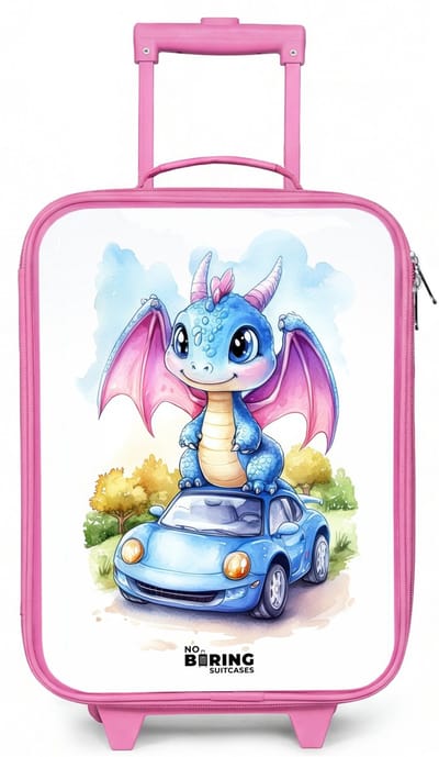 NoBoringSuitcases.com® - Kinderkoffer roze - Kindertrolley meisje - Baby draak op blauwe auto in bosrijk landschap - Koffer kind lichtgewicht - Reiskoffer trolley voor kinderen - Koffertje met lichtgevende wieltjes - Rolkoffer