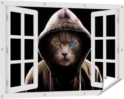 Gards Tuinposter Doorkijk Boze Kat Draagt een Hoodie - 120x80 cm - Tuindoek - Tuindecoratie - Wanddecoratie buiten - Tuinschilderij