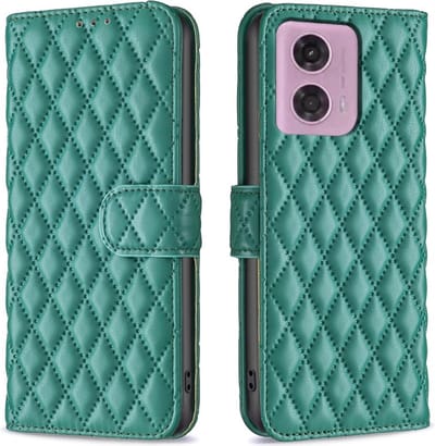 BINFEN Hoesje - Geschikt voor Motorola Moto G34 Hoesje - BINFEN Rhombus Book Case - Groen