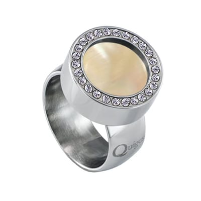 Quiges RVS Schroefsysteem Ring met Zirkonia Zilverkleurig Glans 16mm met Verwisselbare Perzikkleur Schelp 12mm Mini Munt