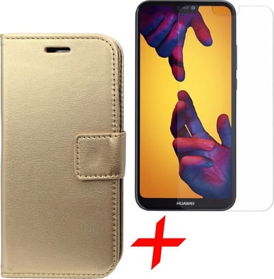 Hoesje geschikt voor Huawei P20 Lite - Kunstlederen Book Case Siliconen TPU Goud + Screenprotector Gehard Glas - van iCall