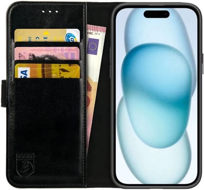 Rosso Element Book Case Wallet Hoesje Geschikt voor Apple iPhone 15 | Portemonnee | 3 Pasjes | Magneetsluiting | Stand Functie | Zwart