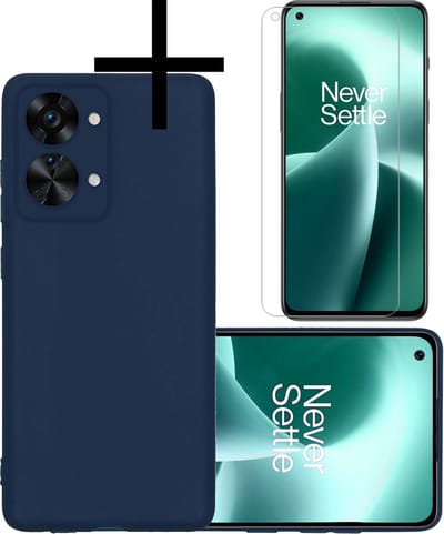 Hoesje - Met Screenprotector - Geschikt voor OnePlus Nord 2T - Sterk & Shockproof - Back Cover - Siliconen Case - Telefoon Hoes - Donkerblauw