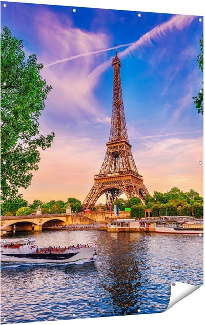 Gards Tuinposter Eiffeltoren in Parijs aan het Water - Kleur - 120x160 cm - Tuindoek - Tuindecoratie - Wanddecoratie buiten - Tuinschilderij