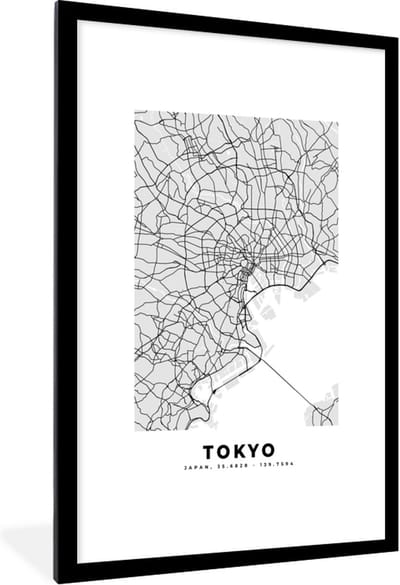 Fotolijst incl. Poster Zwart Wit- Tokyo - Stadskaart - Zwart Wit - Plattegrond - Kaart - 80x120 cm - Posterlijst