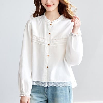 Blouse Plissée à Manches Longues Broderie Dentelle Littéraire Simple Douce et Adorable Col Rond Polyvalente Blouse à Manches Longues XXL
