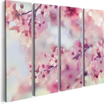 Artaza Canvas Schilderij Vierluik Roze Bloesemboom Met Zonneschijn - 80x60 - Foto Op Canvas - Canvas Print