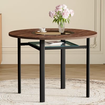 MODFU Ronde Eettafel - Met Glasinleg En Onderblad - Minimalistisch - Voor Eetkamer - MDF, Metaal En Glas - Bruin En Zwart - 100 cm