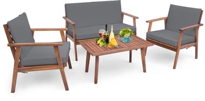 COSTWAY 4-delige tuinmeubelset, balkonmeubels van acaciahout, terrasmeubels met zit- en rugkussens, balkonset incl. 2 stoelen, bank & tafel, zitgroep, zitgarnituur, tuingarnituur (grijs)