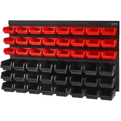 VEVOR Stapelboxen, 48 Bakken met Onderdelen, Plankorganizer voor Garage, Plastic Winkelgereedschap met Wandpanelen, Gereedschapsorganizer voor Moeren, Bouten, Schroeven, Spijkers, Kralen, Knopen, Zwart En Rood