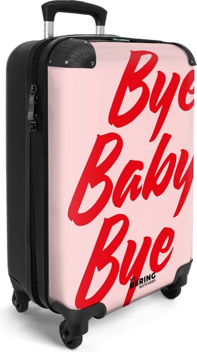 NoBoringSuitcases.com® - Reis handbagage koffer lichtgewicht - Roze met rode quote 'bye baby bye' - Reiskoffer trolley - Rolkoffer met wieltjes volwassenen - Travel luggage suitcase - Past binnen 55x40x20 en 55x35x25