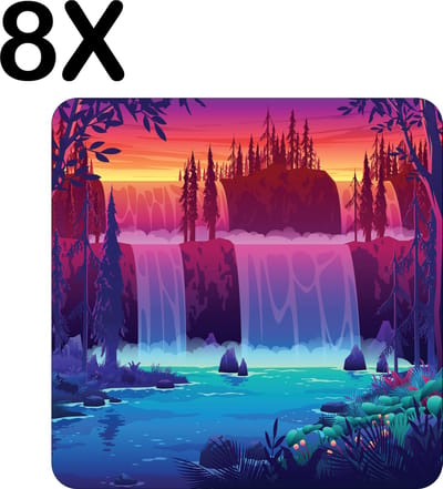 Luxe Placemat - Zonsondergang bij Waterval - Landschap - Illustratie - Set van 8 Placemats - 50x50 cm - 2 mm dik Vinyl - Anti Slip - Afneembaar