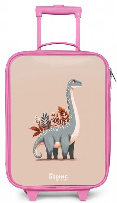 NoBoringSuitcases.com® - Kinderkoffer roze - Kindertrolley meisje - Blauwe dinosaurus op een beige achtergrond - Koffer kind lichtgewicht - Reiskoffer trolley voor kinderen - Koffertje met lichtgevende wieltjes - Rolkoffer
